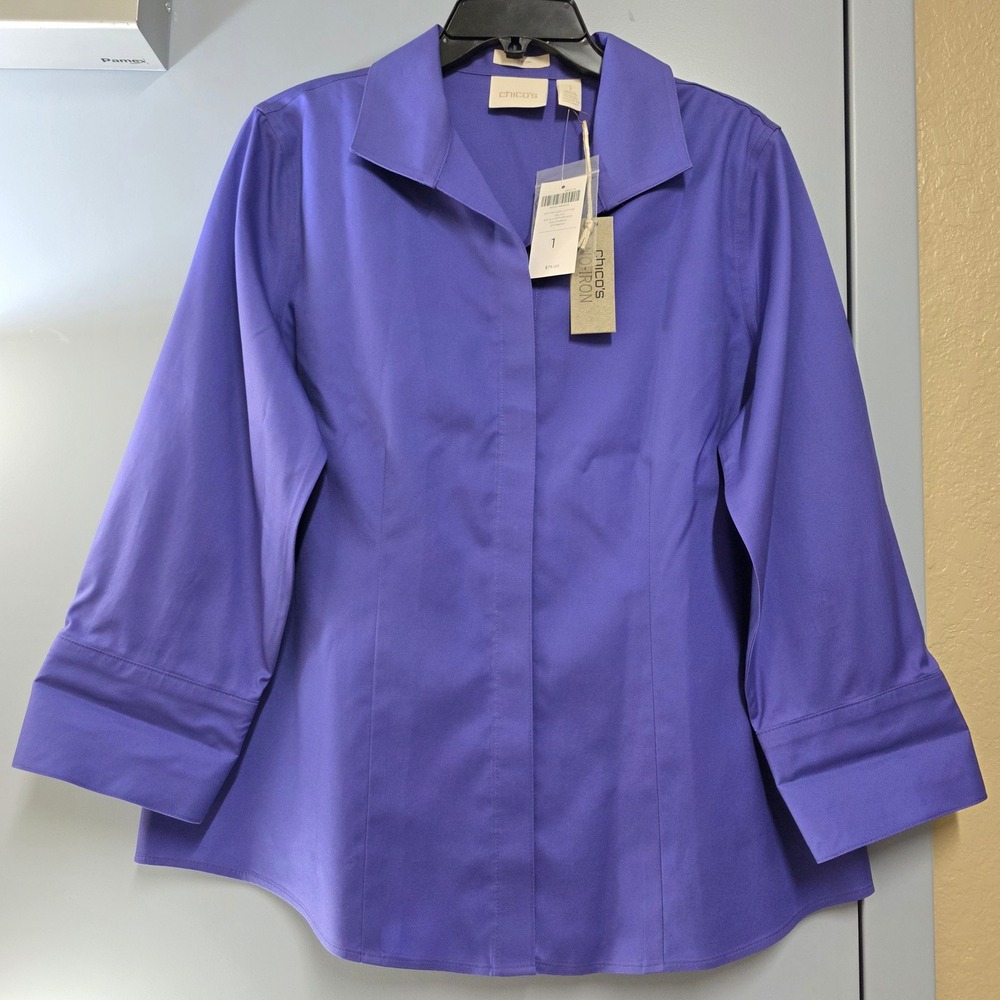 Chico's No-Iron Effortless Cotton Celisa Shirt Purple 3/4 Sleeve Size 1 M